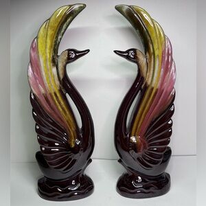 Vintage Pair of Swan Figurines – Redware Drip Glaze Pottery (9.5”)